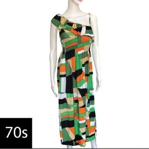 Vintage 70s Colorful Geometric Abstract Maxi Dress Size Medium